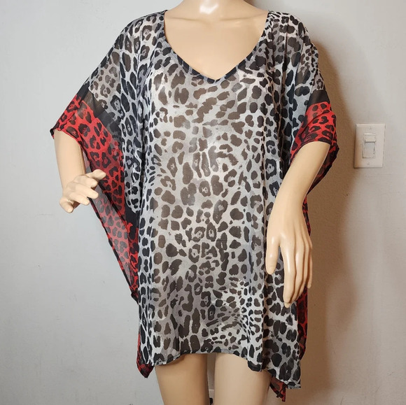 Lane Bryant Kaftan Shirt. Black grey red leopard print. Semi sheer. Size 14/16. - Picture 10 of 14